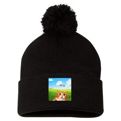 Funny Cat Selfie With Ufo Kitty Alien Encounter Pom Pom 12in Knit Beanie