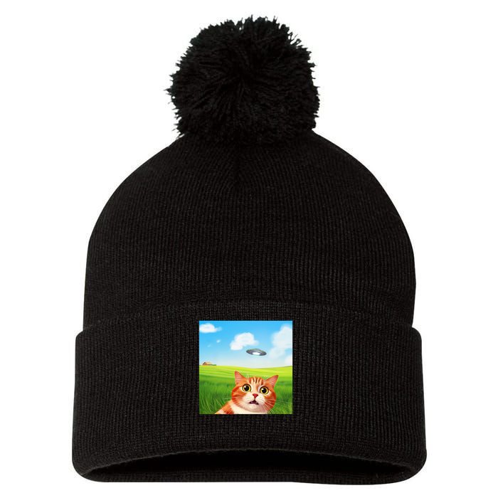 Funny Cat Selfie With Ufo Kitty Alien Encounter Pom Pom 12in Knit Beanie