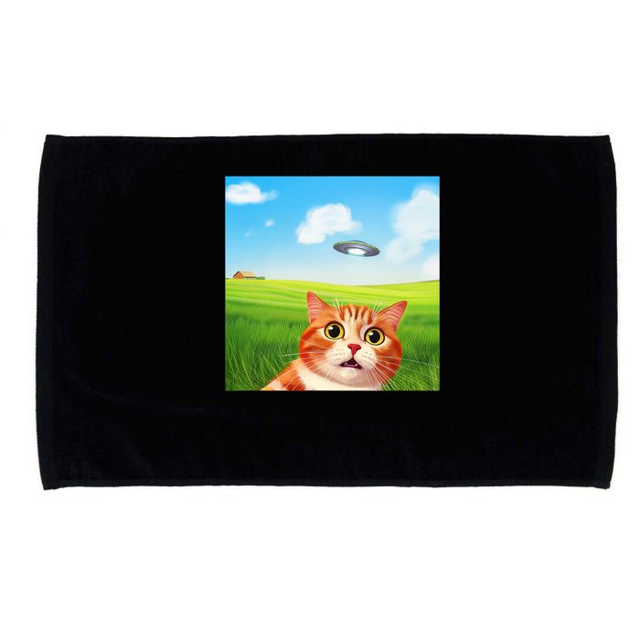 Funny Cat Selfie With Ufo Kitty Alien Encounter Microfiber Hand Towel