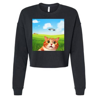 Funny Cat Selfie With Ufo Kitty Alien Encounter Cropped Pullover Crew