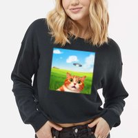 Funny Cat Selfie With Ufo Kitty Alien Encounter Cropped Pullover Crew