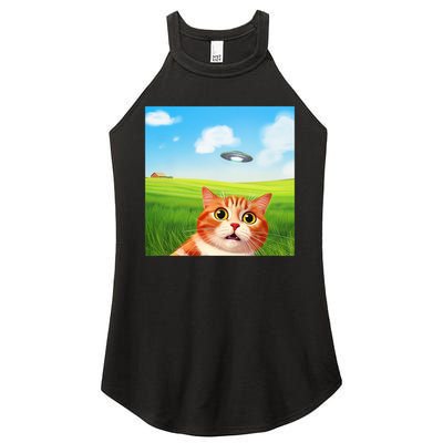 Funny Cat Selfie With Ufo Kitty Alien Encounter Women's Perfect Tri Rocker Tank