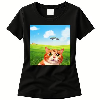 Funny Cat Selfie With Ufo Kitty Alien Encounter Womens T-Shirt