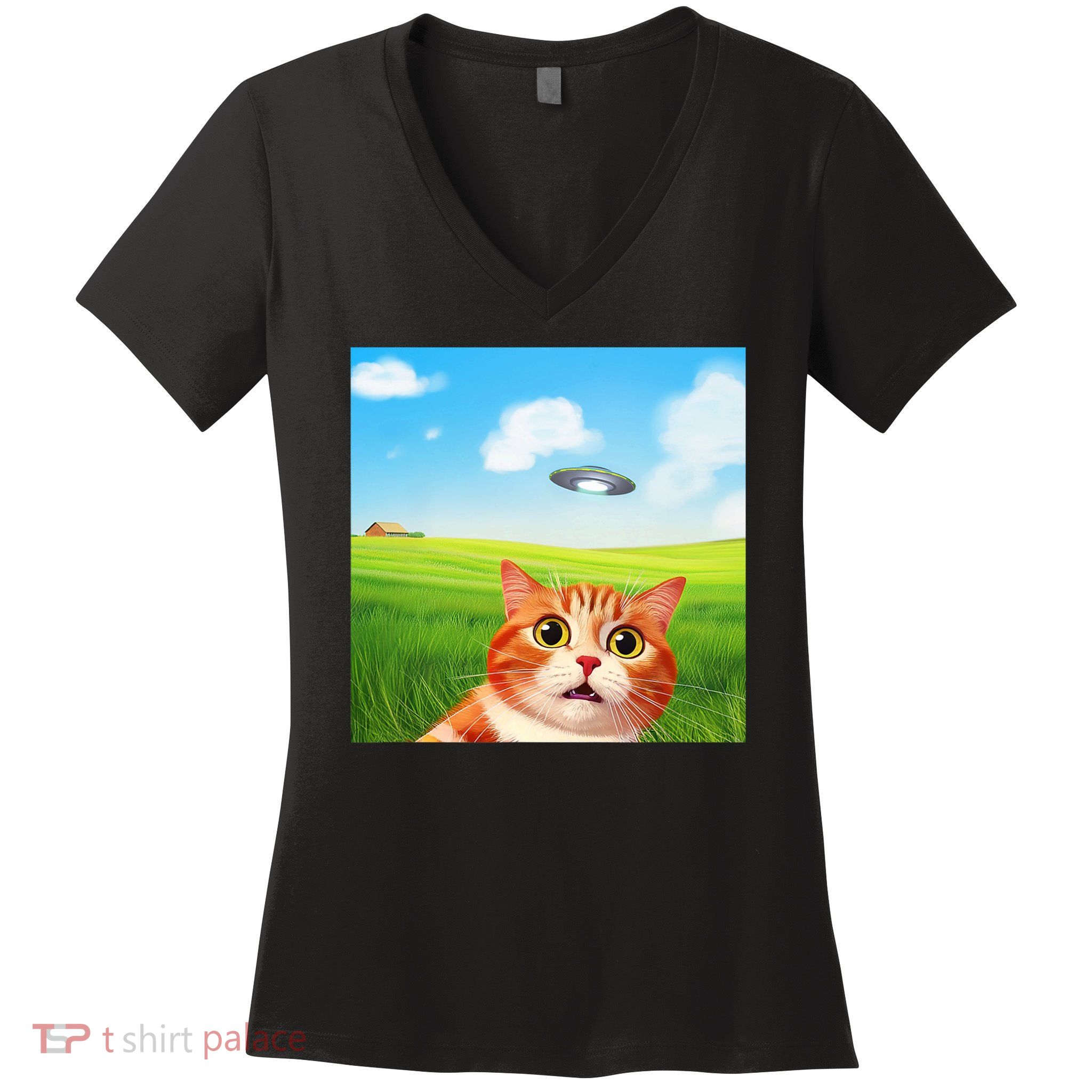 Funny Cat Selfie With Ufo Kitty Alien Encounter Women's V-Neck T-Shirt