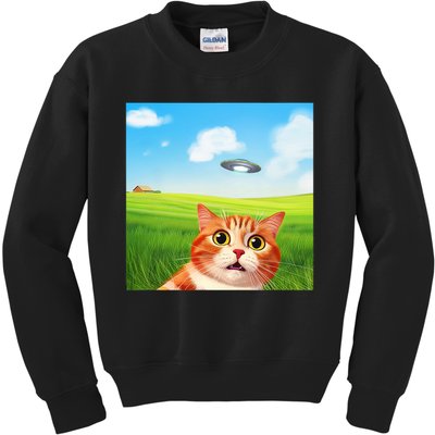 Funny Cat Selfie With Ufo Kitty Alien Encounter Kids Sweatshirt