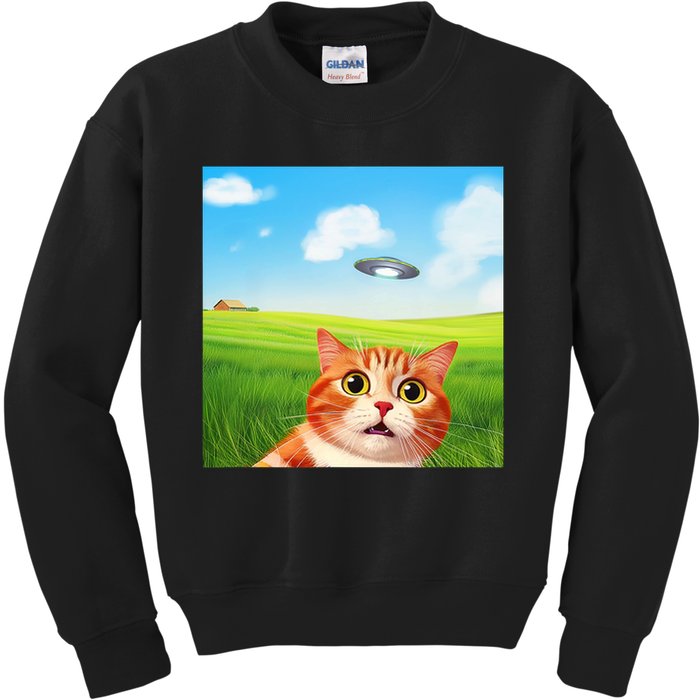 Funny Cat Selfie With Ufo Kitty Alien Encounter Kids Sweatshirt