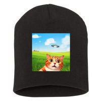 Funny Cat Selfie With Ufo Kitty Alien Encounter Short Acrylic Beanie