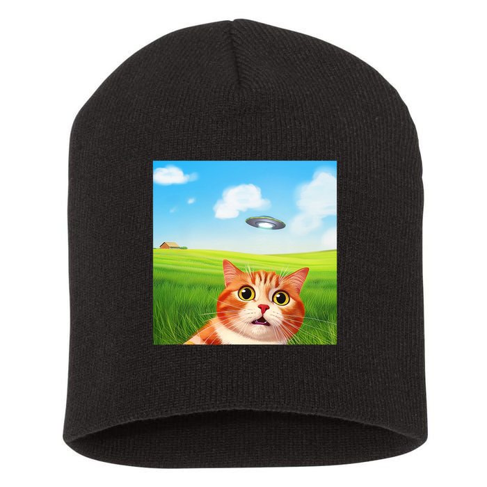 Funny Cat Selfie With Ufo Kitty Alien Encounter Short Acrylic Beanie