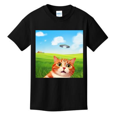 Funny Cat Selfie With Ufo Kitty Alien Encounter Kids T-Shirt