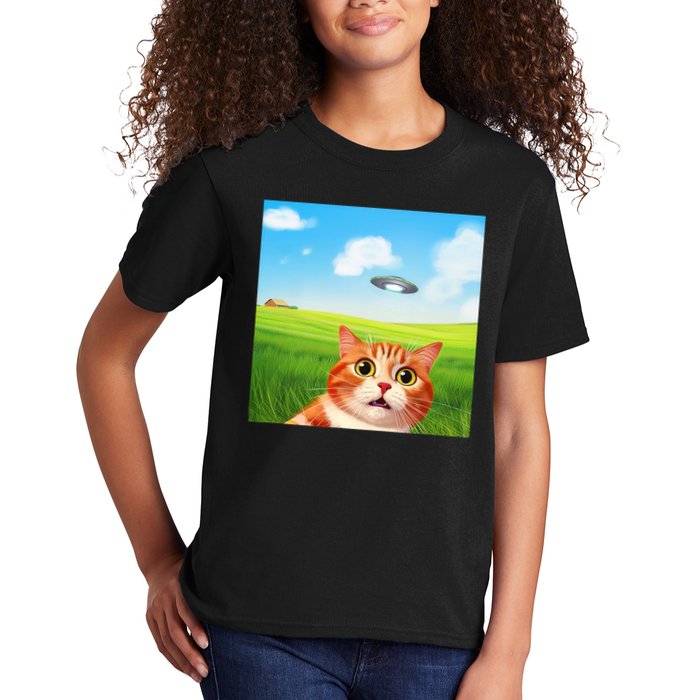 Funny Cat Selfie With Ufo Kitty Alien Encounter Kids T-Shirt