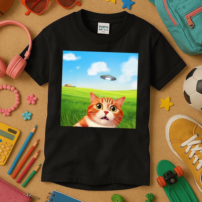Funny Cat Selfie With Ufo Kitty Alien Encounter Kids T-Shirt