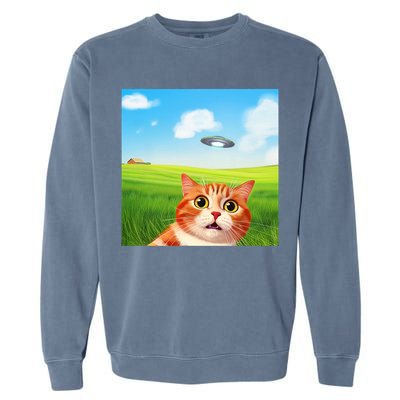 Funny Cat Selfie With Ufo Kitty Alien Encounter Garment-Dyed Sweatshirt