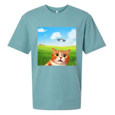 Funny Cat Selfie With Ufo Kitty Alien Encounter Sueded Cloud Jersey T-Shirt