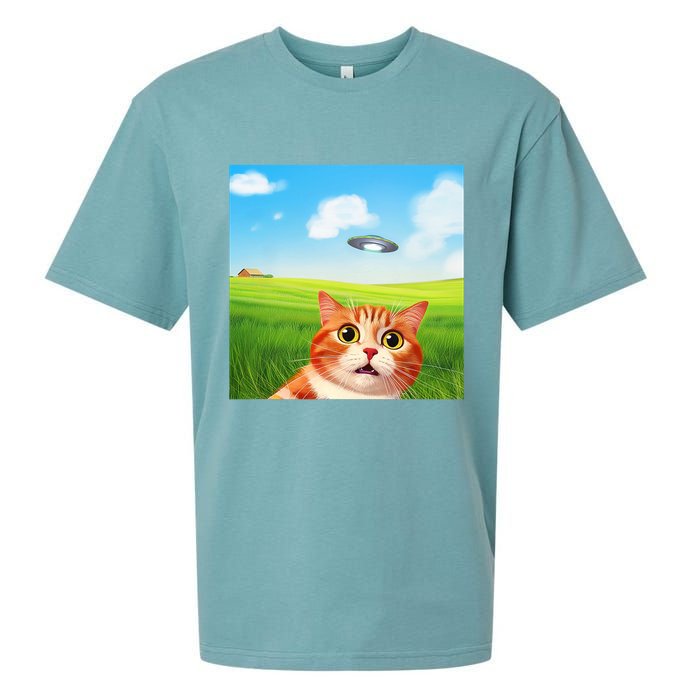 Funny Cat Selfie With Ufo Kitty Alien Encounter Sueded Cloud Jersey T-Shirt