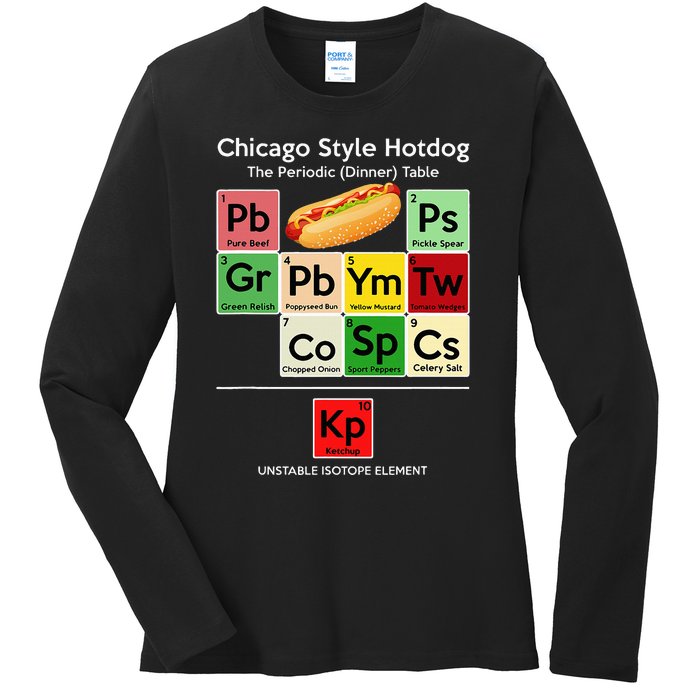 Funny Chicago Style Hot Dog Periodic Dinner Table Of Element Ladies Long Sleeve Shirt