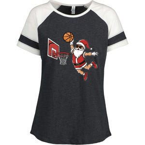 Funny Christmas Santa Claus Dunking A Basketball Cool Gift Enza Ladies Jersey Colorblock Tee