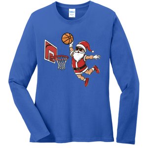 Funny Christmas Santa Claus Dunking A Basketball Cool Gift Ladies Long Sleeve Shirt