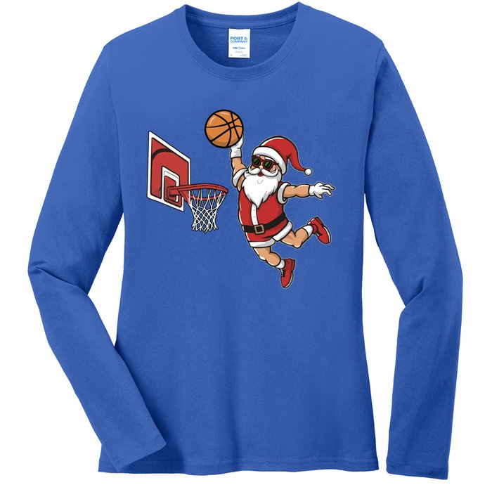 Funny Christmas Santa Claus Dunking A Basketball Cool Gift Ladies Long Sleeve Shirt