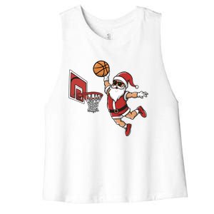 Funny Christmas Santa Claus Dunking A Basketball Cool Gift Women's Racerback Cropped Tank