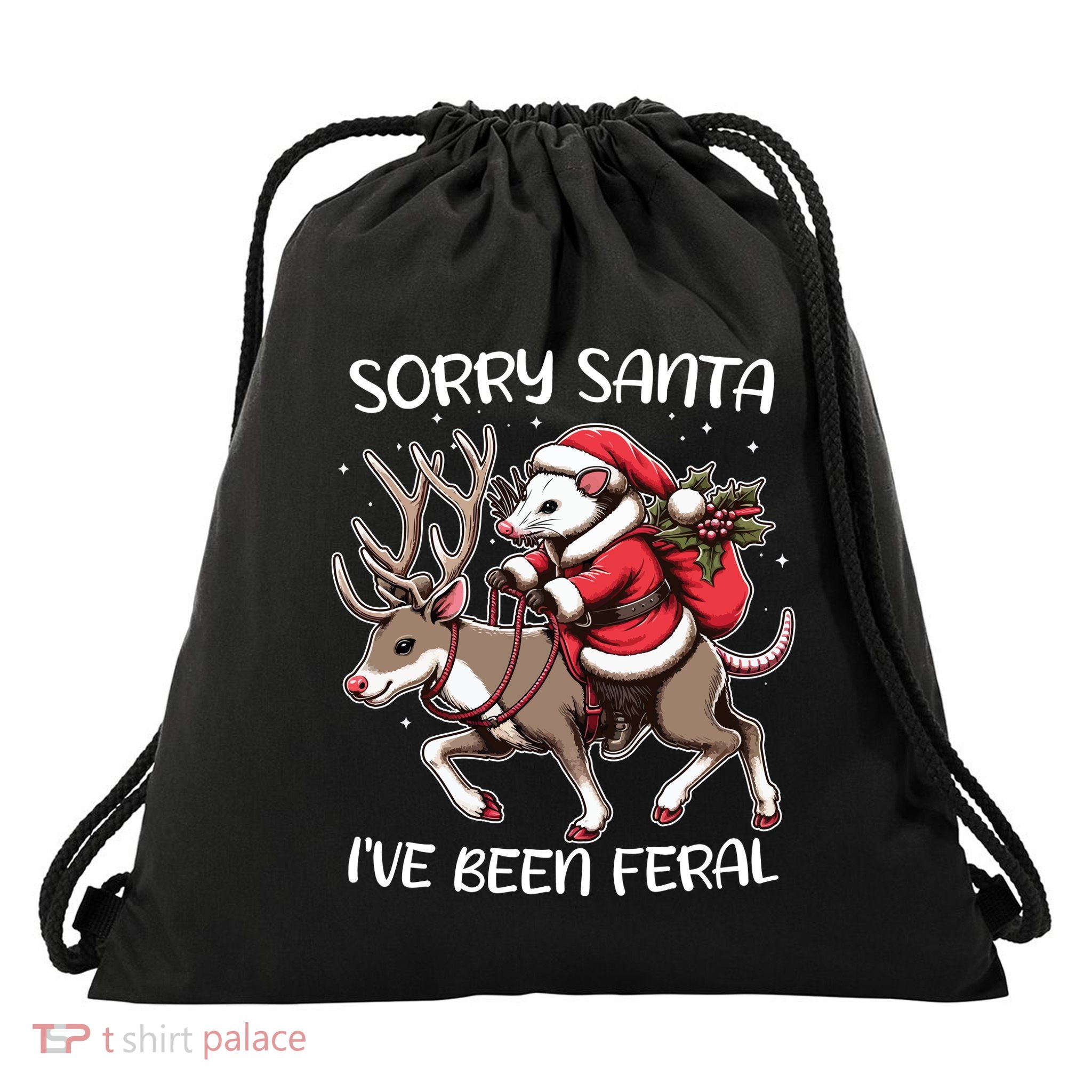 Funny Christmas Sorry Santa Ive Been Feral Opossum Reindeer Drawstring Bag