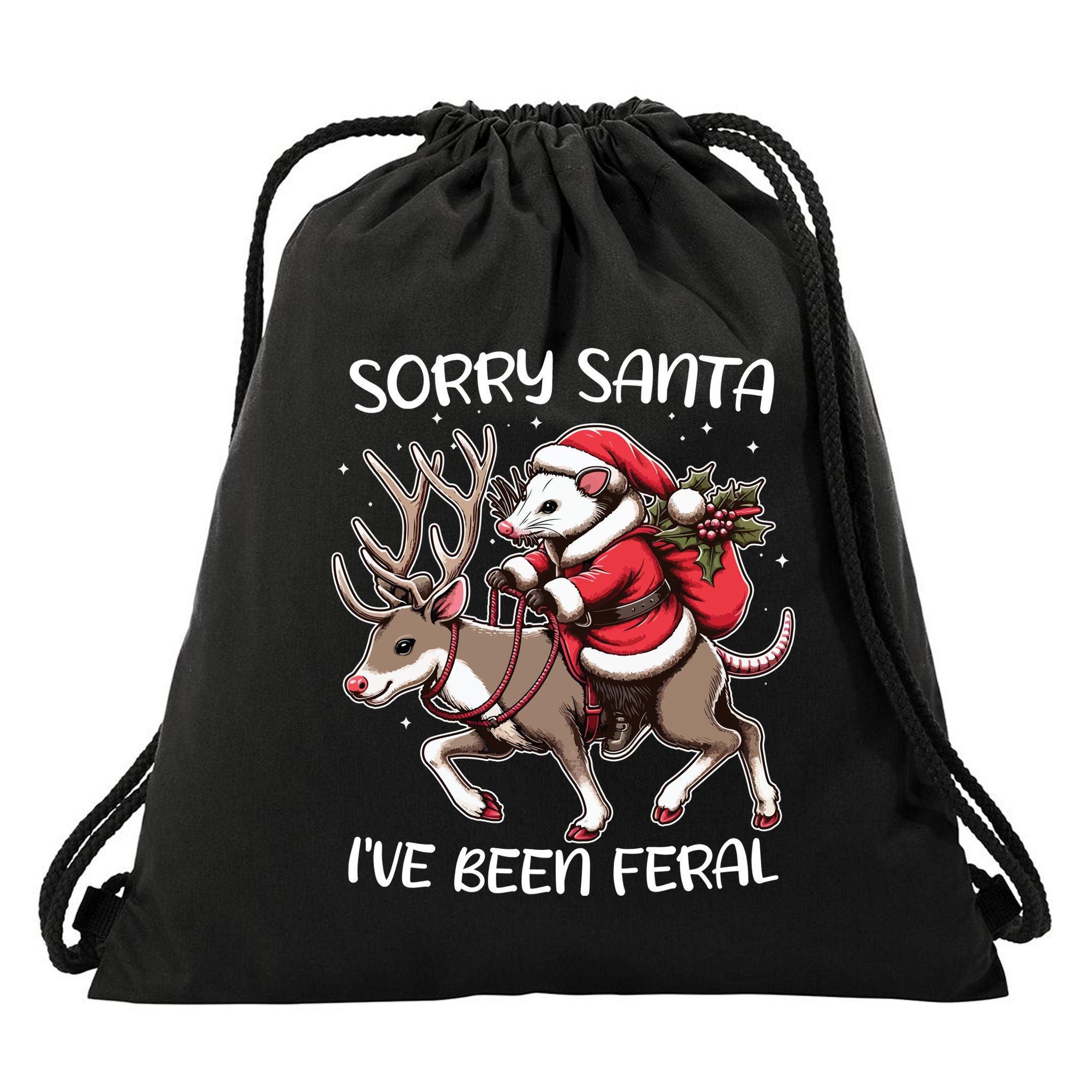 Funny Christmas Sorry Santa Ive Been Feral Opossum Reindeer Drawstring Bag