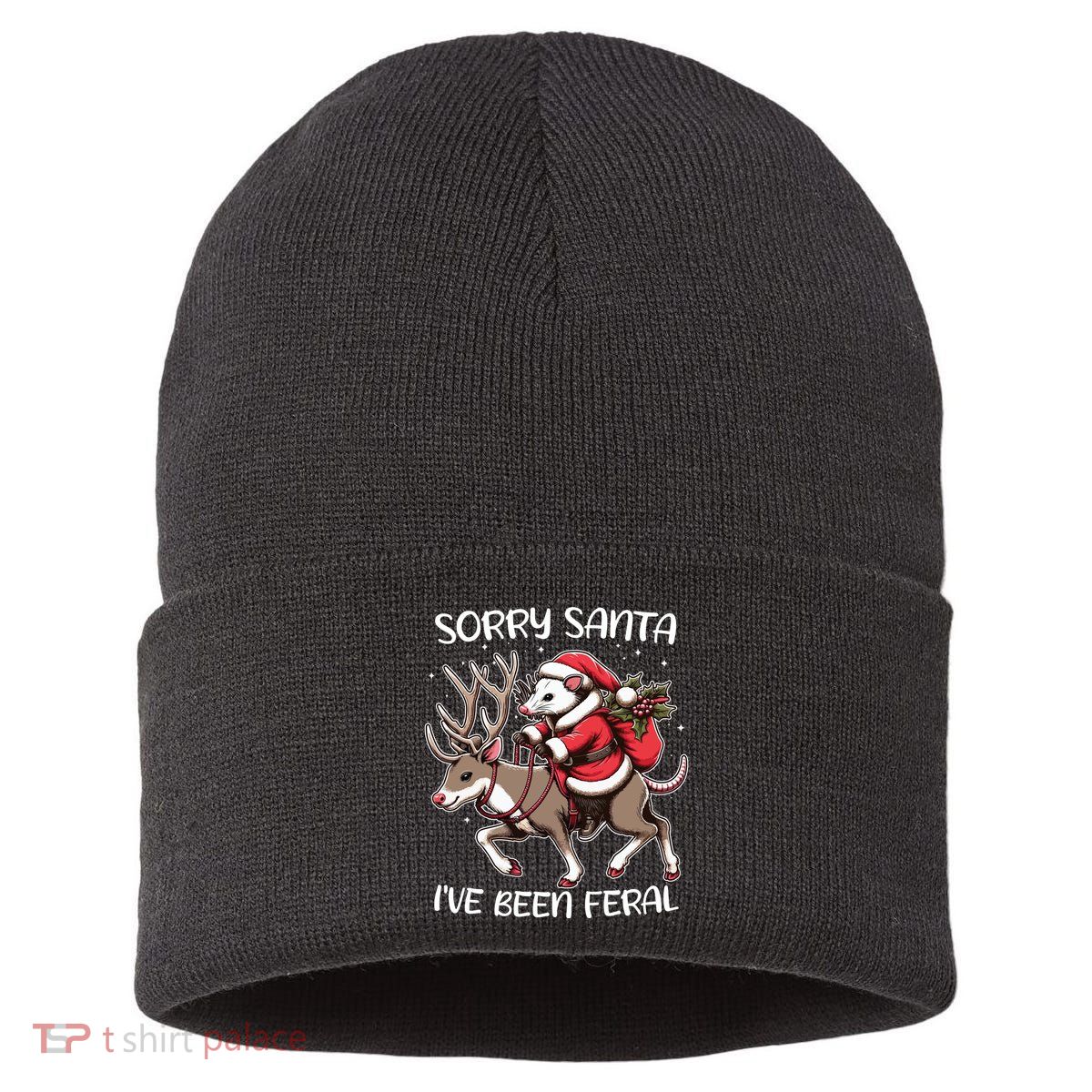 Funny Christmas Sorry Santa Ive Been Feral Opossum Reindeer Sustainable Knit Beanie
