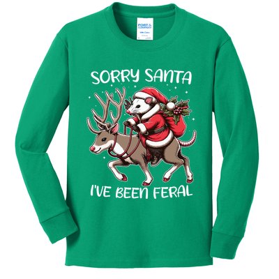 Funny Christmas Sorry Santa Ive Been Feral Opossum Reindeer Kids Long Sleeve Shirt