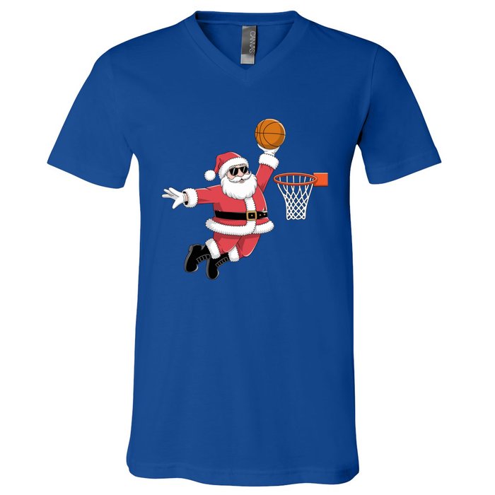 Funny Christmas Santa Claus Dunking A Basketball Xmas Gift V-Neck T-Shirt