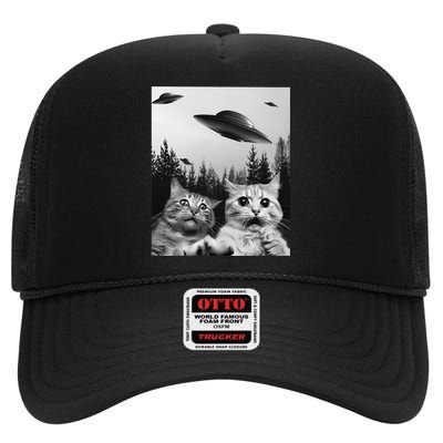 Funny Cat Selfie with UFOs High Crown Mesh Back Trucker Hat