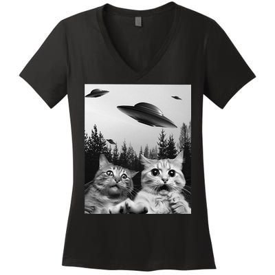 Funny Cat Selfie with UFOs Women's V-Neck T-Shirt