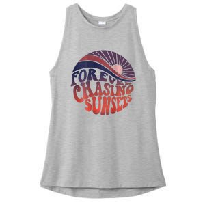 Forever Chasing Sunsets Word On Back Workout Summer Casual Ladies PosiCharge Tri-Blend Wicking Tank