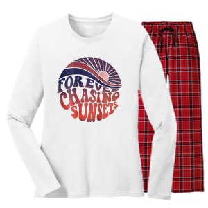 Forever Chasing Sunsets Word On Back Workout Summer Casual Women's Long Sleeve Flannel Pajama Set 