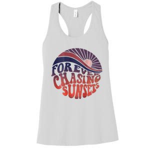 Forever Chasing Sunsets Word On Back Workout Summer Casual Women's Racerback Tank