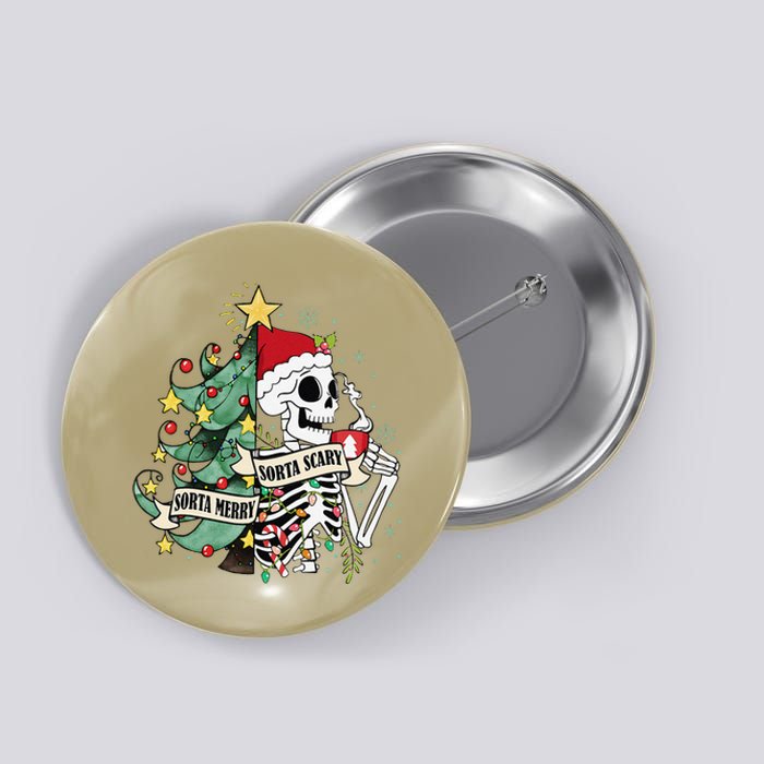 Funny Christmas Sorta Merry Sorta Scary Skeleton Xmas Tree Button