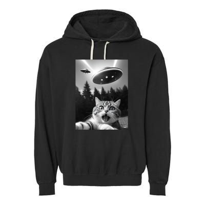 Funny Cat Selfie With Ufo Alien Garment-Dyed Fleece Hoodie