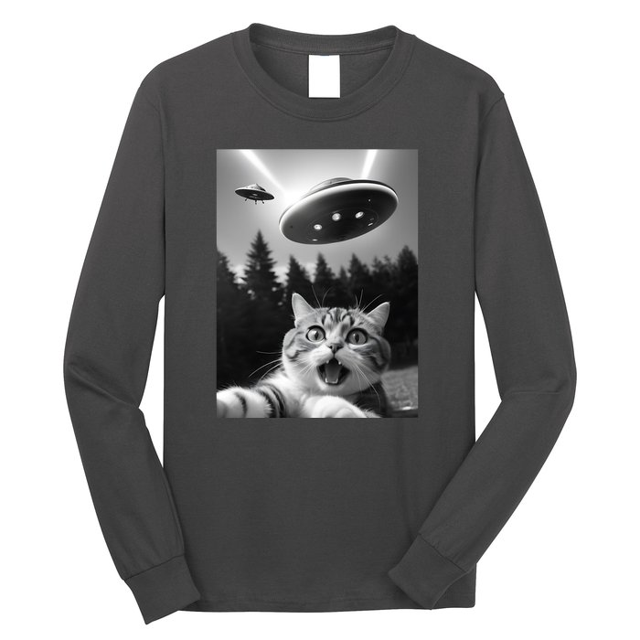 Funny Cat Selfie With Ufo Alien Long Sleeve Shirt