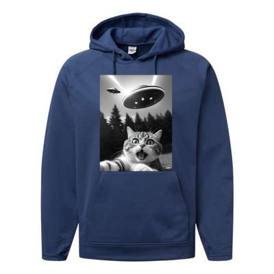 Funny Cat Selfie With Ufo Alien Performance Fleece Hoodie