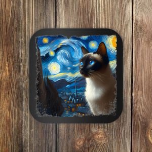 Funny Cute Siamese Cat Starry Night Van Gogh Painting Coaster