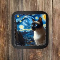 Funny Cute Siamese Cat Starry Night Van Gogh Painting Coaster