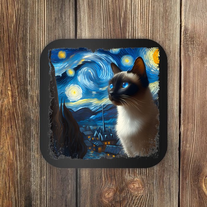 Funny Cute Siamese Cat Starry Night Van Gogh Painting Coaster