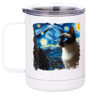 Funny Cute Siamese Cat Starry Night Van Gogh Painting 12 oz Stainless Steel Tumbler Cup