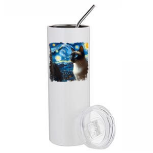 Funny Cute Siamese Cat Starry Night Van Gogh Painting Stainless Steel Tumbler