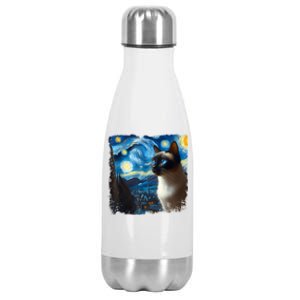 Funny Cute Siamese Cat Starry Night Van Gogh Painting Stainless Steel Insulated Water Bottle