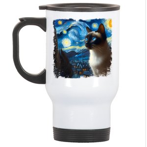 Funny Cute Siamese Cat Starry Night Van Gogh Painting Stainless Steel Travel Mug