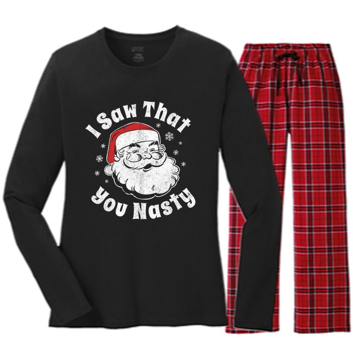 Funny Christmas Santa I Saw That You Nasty Adult Party Gift Women's Long Sleeve Flannel Pajama Set 