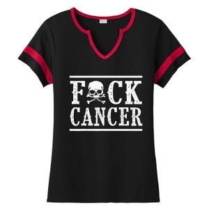 Fuck Cancer Skull and Crossbones Skeleton Breast Cancer Ladies Halftime Notch Neck Tee