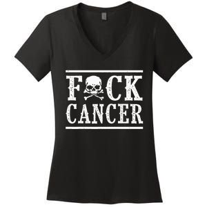 Fuck Cancer Skull and Crossbones Skeleton Breast Cancer Women's V-Neck T-Shirt