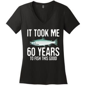 Funny Chinook Salmon Fishing 60th Birthday 60 Years To Fish Women's V-Neck T-Shirt