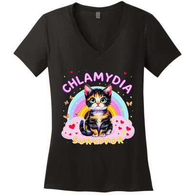Funny Chlamydia Survivor Cat Meme Humor Women's V-Neck T-Shirt