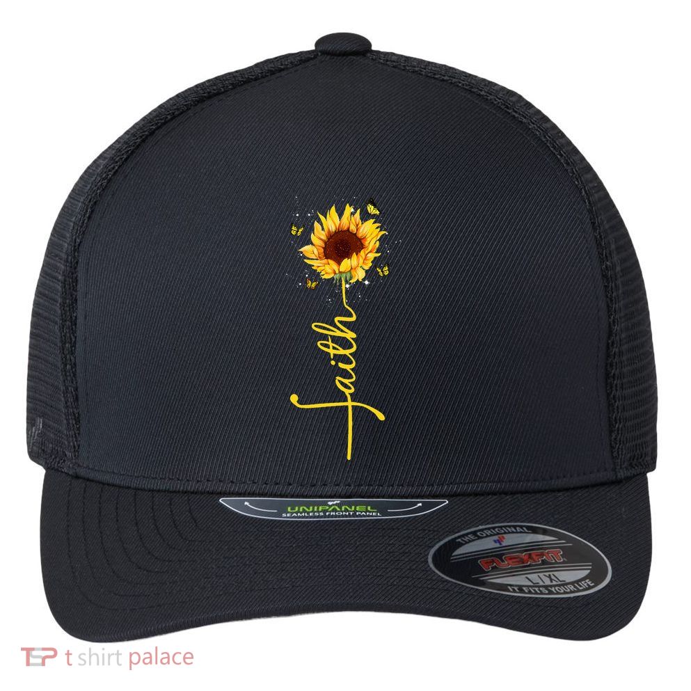 Faith Cross Sunflower Butterflies Flowers Christians Flora Flexfit Unipanel Trucker Cap
